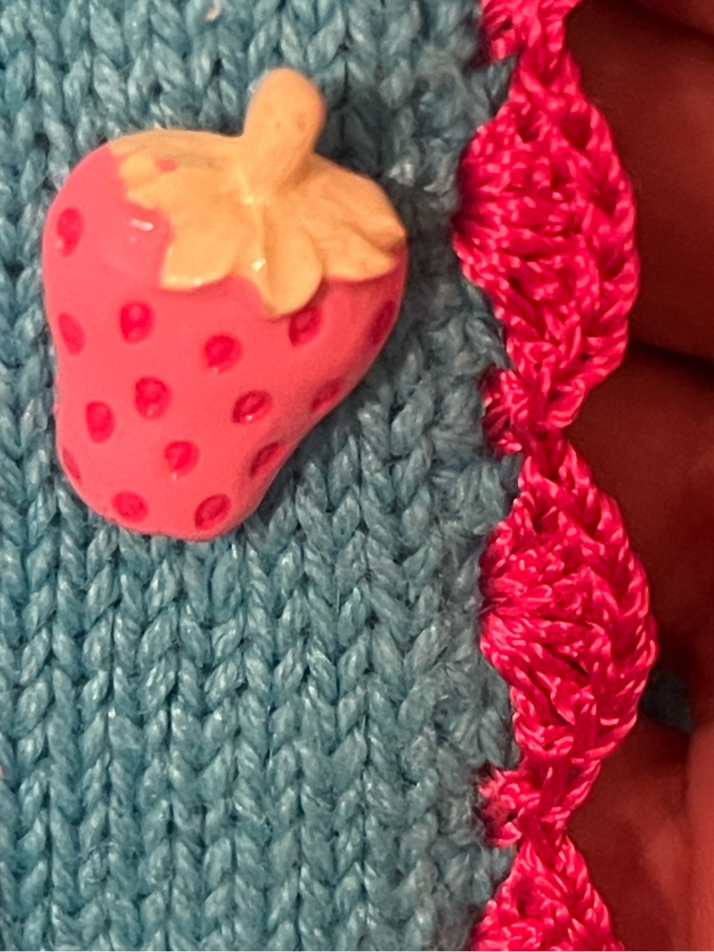 Storybook Knits NWT VINTAGE STRAWBERRY Cardigan Blue Crochet Trim Sweater - Picture 5 of 13